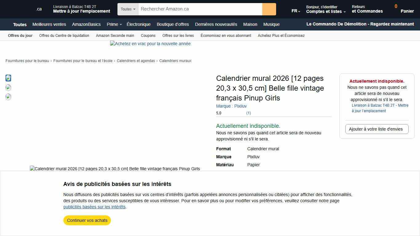 Calendrier mural 2026 [12 pages 20,3 x 30,5 cm] Belle fille vintage français Pinup Girls : Amazon.ca: Fournitures pour le bureau